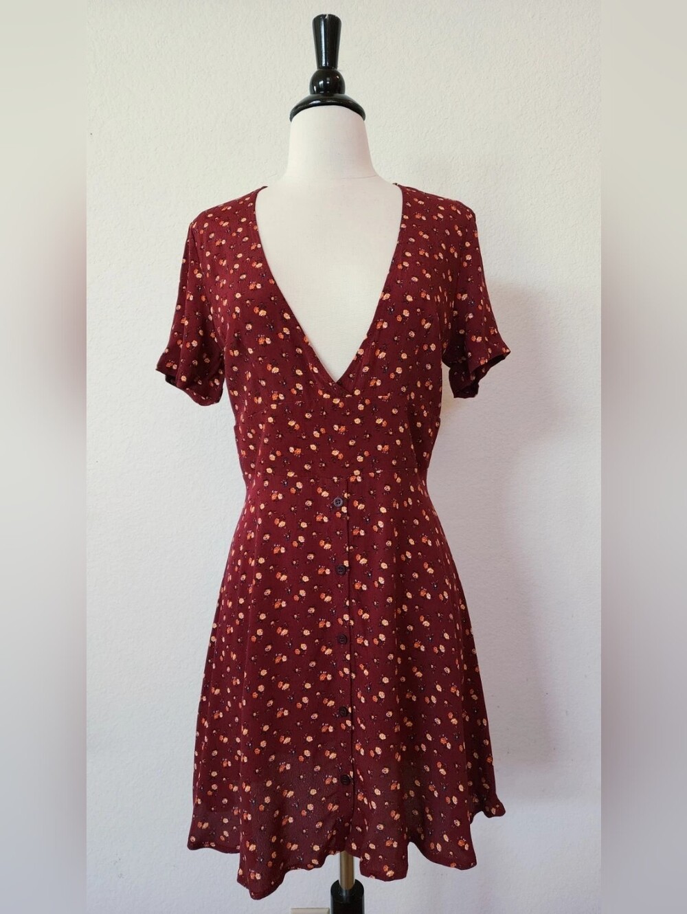 Deep Red Floral V-Neck Button Front Dress